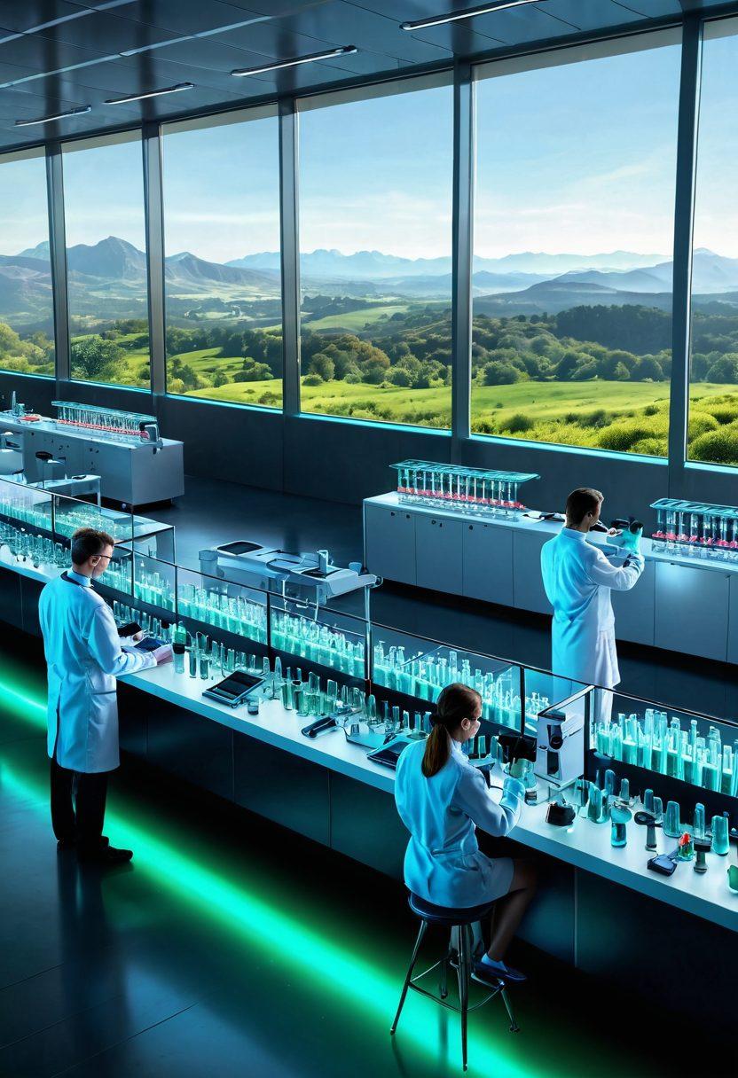 A futuristic laboratory filled with scientists in lab coats analyzing glowing test tubes and advanced machinery, showcasing DNA sequencing and molecular structures on screens. The backdrop features a large window with a view of a green landscape, symbolizing hope and progress in cancer research. Infused with vibrant colors to convey innovation and optimism. super-realistic. vibrant colors. 3D.