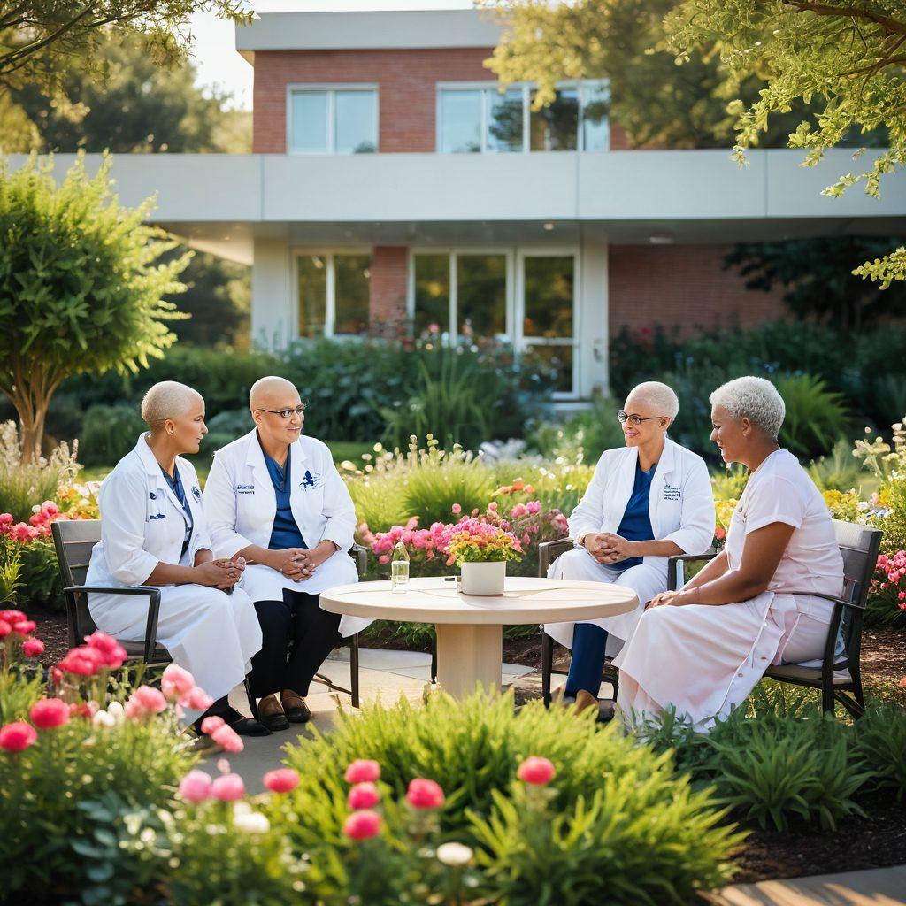 A compassionate scene depicting a diverse group of cancer survivors sharing personal stories in a serene garden setting. Include a backdrop of a modern research facility symbolizing hope and innovation. Subtle elements like medical charts and lab equipment in the background to hint at groundbreaking research. The atmosphere is warm and inviting, with vibrant flowers blooming around them. super-realistic. warm colors. soft focus.