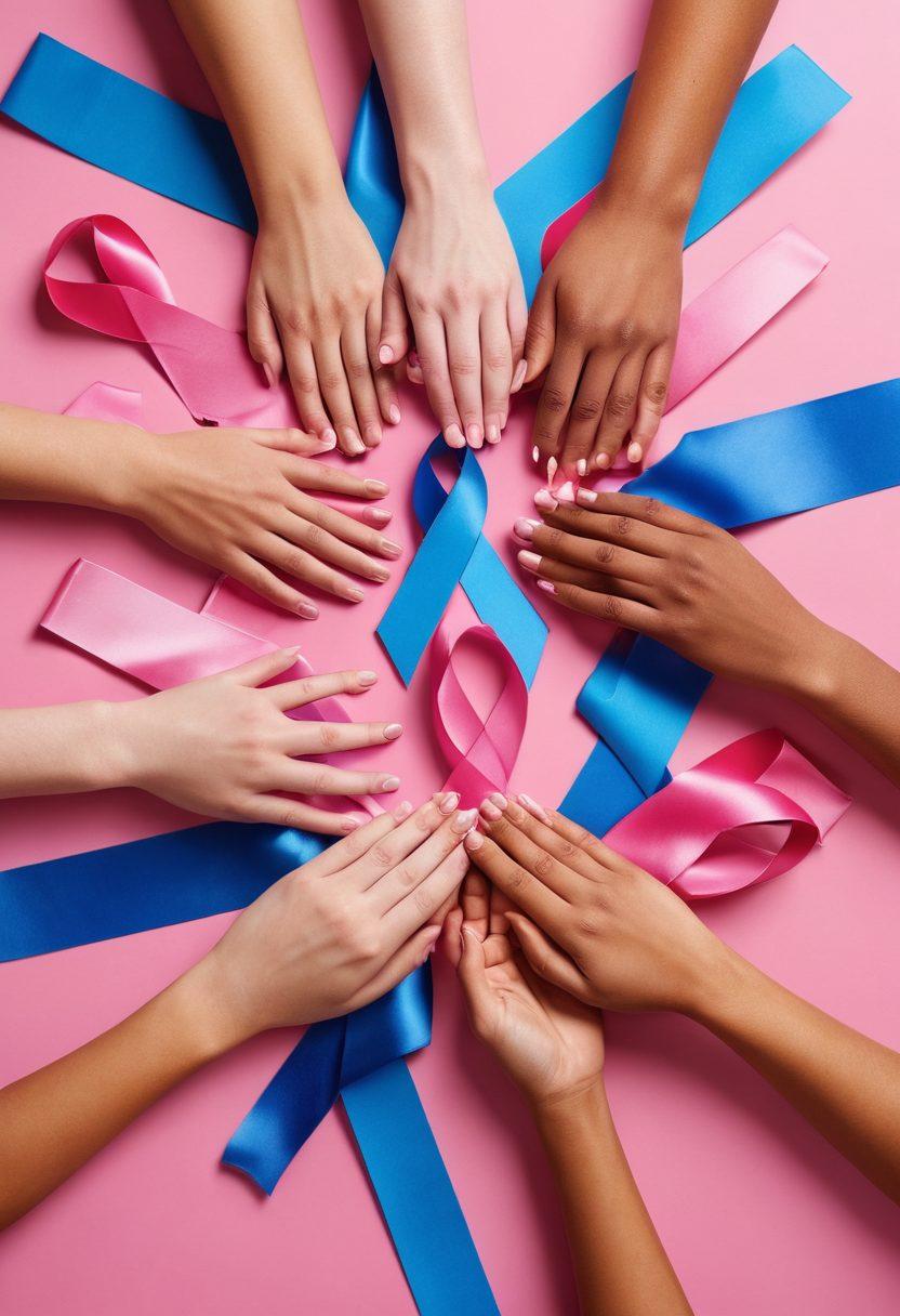 A vibrant collage symbolizing cancer awareness, featuring diverse individuals engaged in educational workshops, supportive group discussions, and community events, infused with symbolic colors like pink and blue. Include elements like awareness ribbons, informative brochures, and unity hands raised in solidarity. The background should be soft and inviting, suggesting hope and support. super-realistic. vibrant colors.